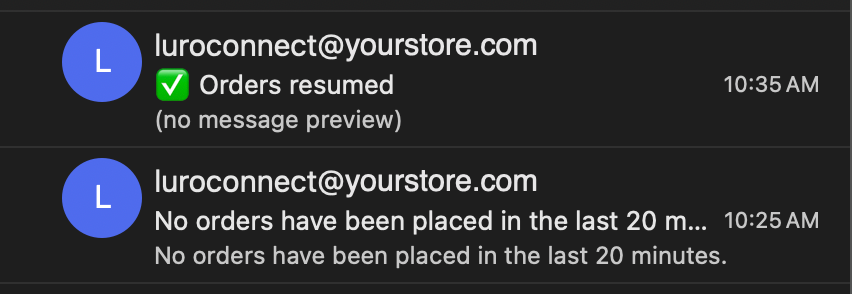 Two emails in an inbox from luroconnect@yourstore.com. The lower one, at 10:25 AM, reads “No orders have been placed in the last 20 minutes.” The upper one, at 10:35 AM, reads “✅ Orders resumed”.