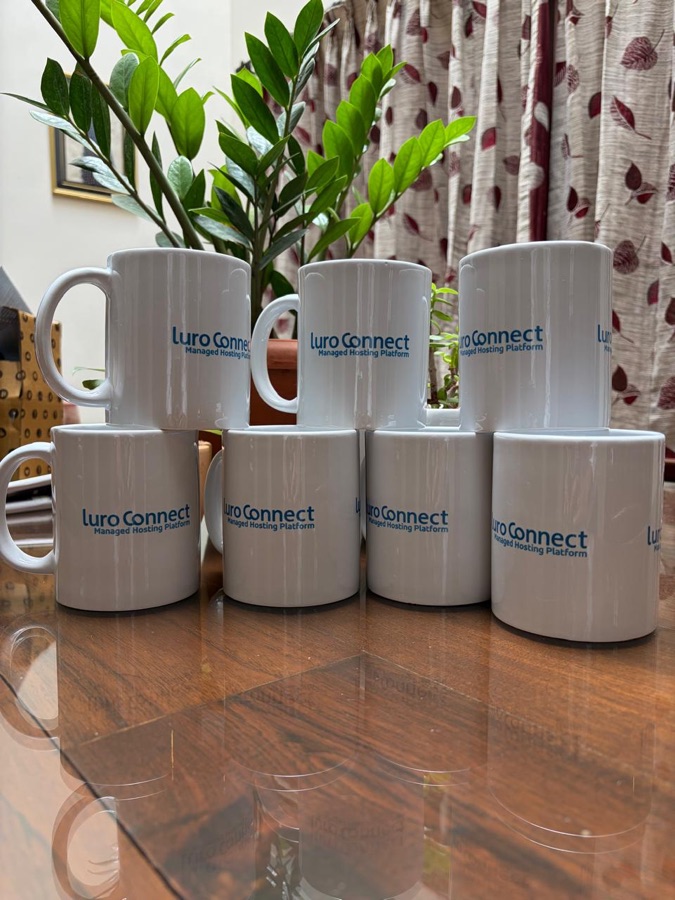 White luroConnect branded ceramic mugs